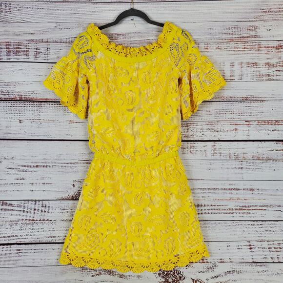 Alexis Yellow Silk Lace Mini Dress XS Off Shoulder Floral Fairy Coquette Kawaii - Picture 2 of 16